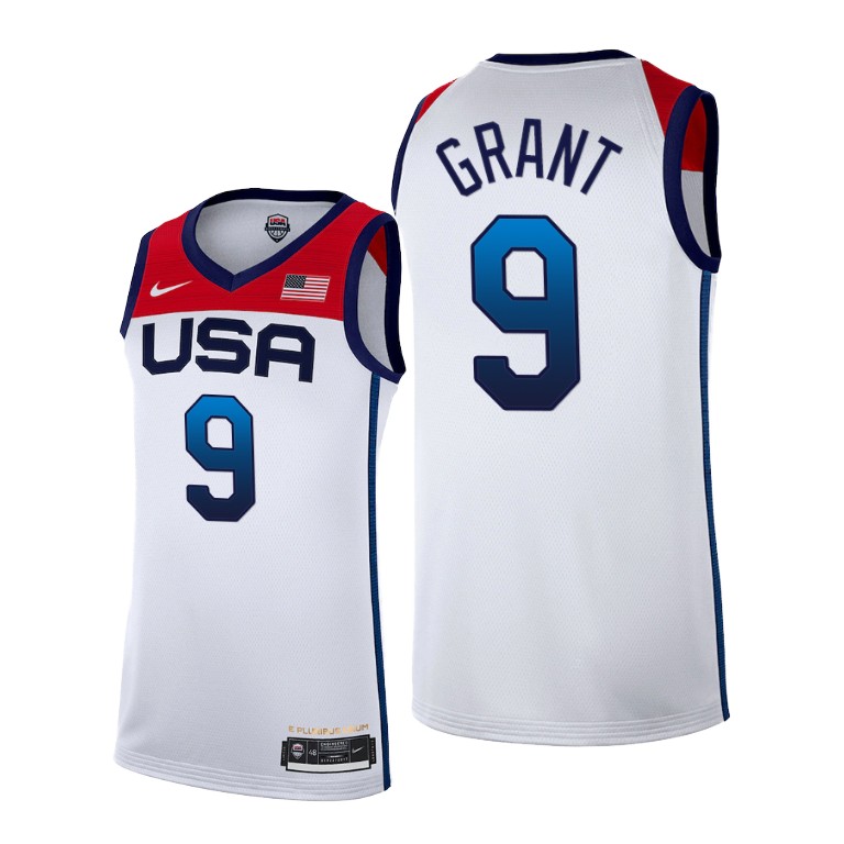Men's USA Basketball #9 Jerami Grant 2021 White Tokyo Olympics Stitched Home Jersey Men's USA Basketball #9 Jerami Grant 2021 White Tokyo Olympics Stitched Home Jersey